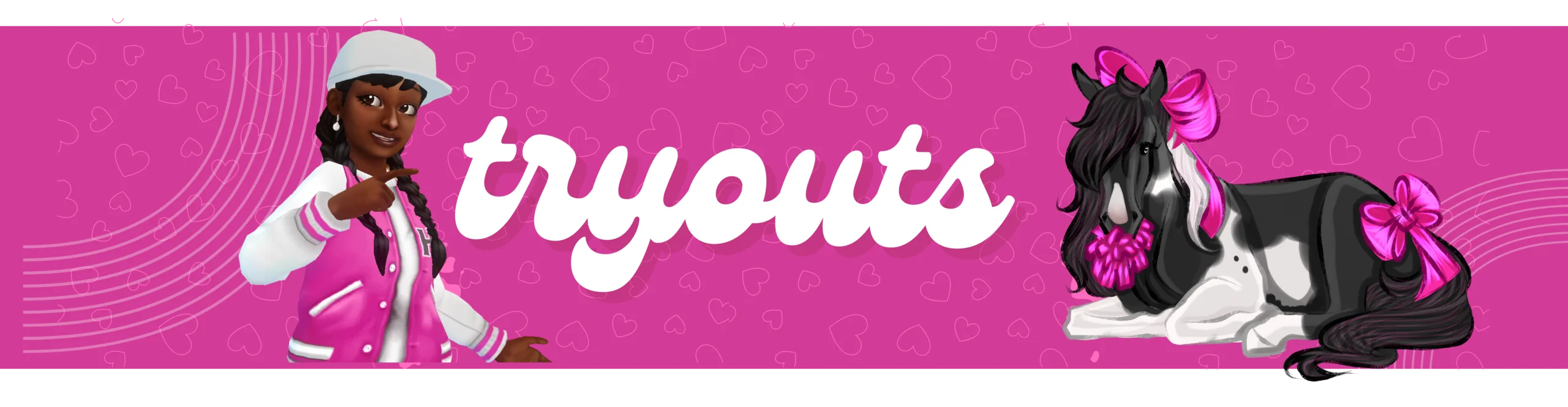 Pink Girls Squad Tryouts banner with a rider and decorated horse