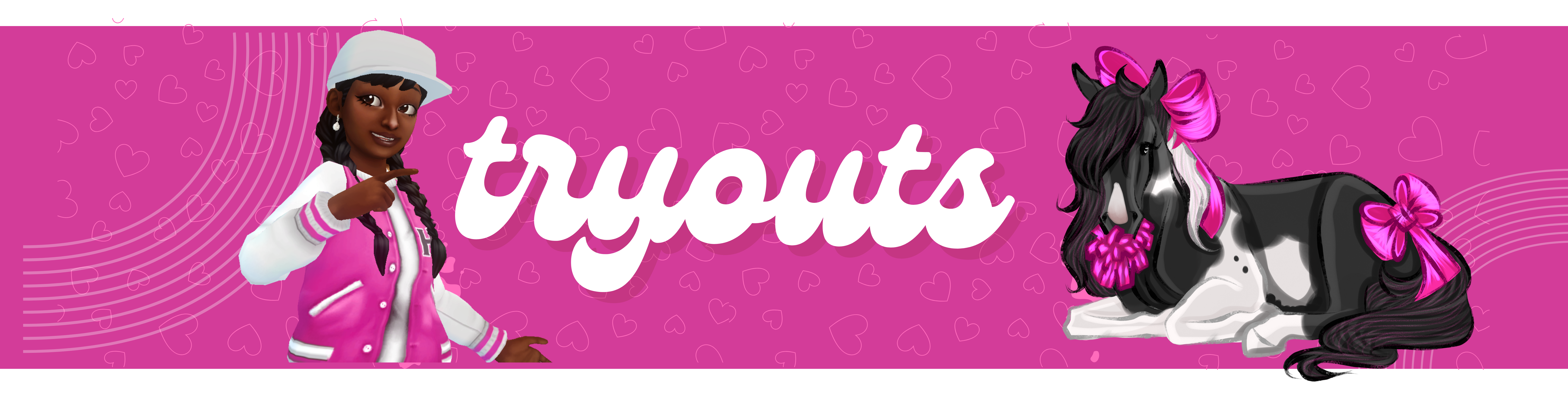 Pink Girls Squad Tryouts banner with a rider and decorated horse