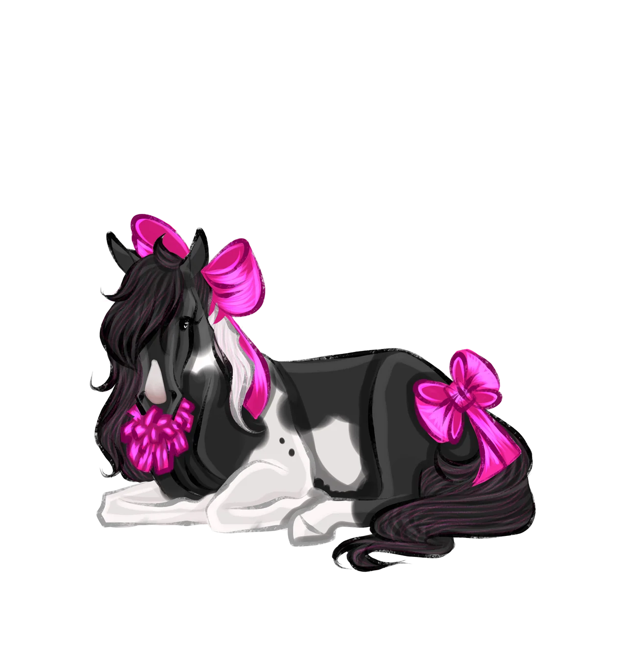 Black and white horse sticker decorated with bright pink bows and pom-poms