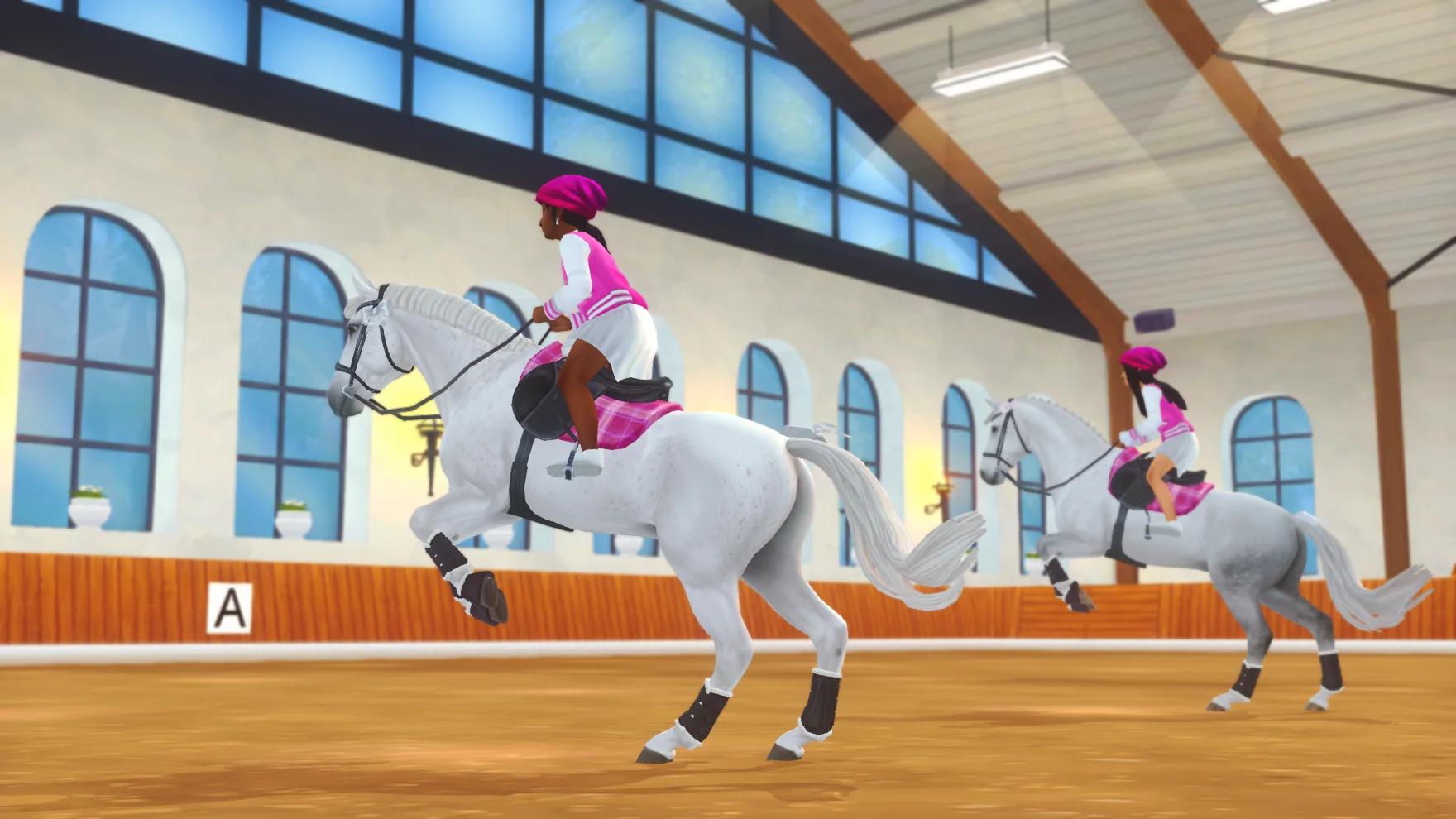 Pink Girls Squad riders performing a synchronized jumping routine in an arena