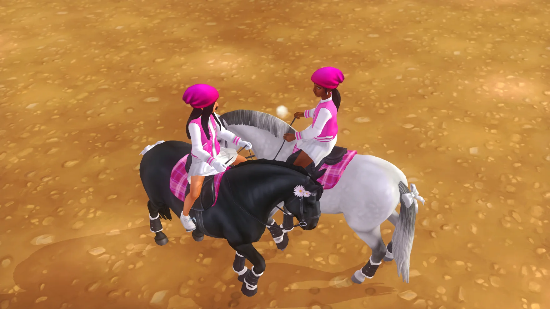 Two Pink Girls Squad riders gathered closely on black and white horses