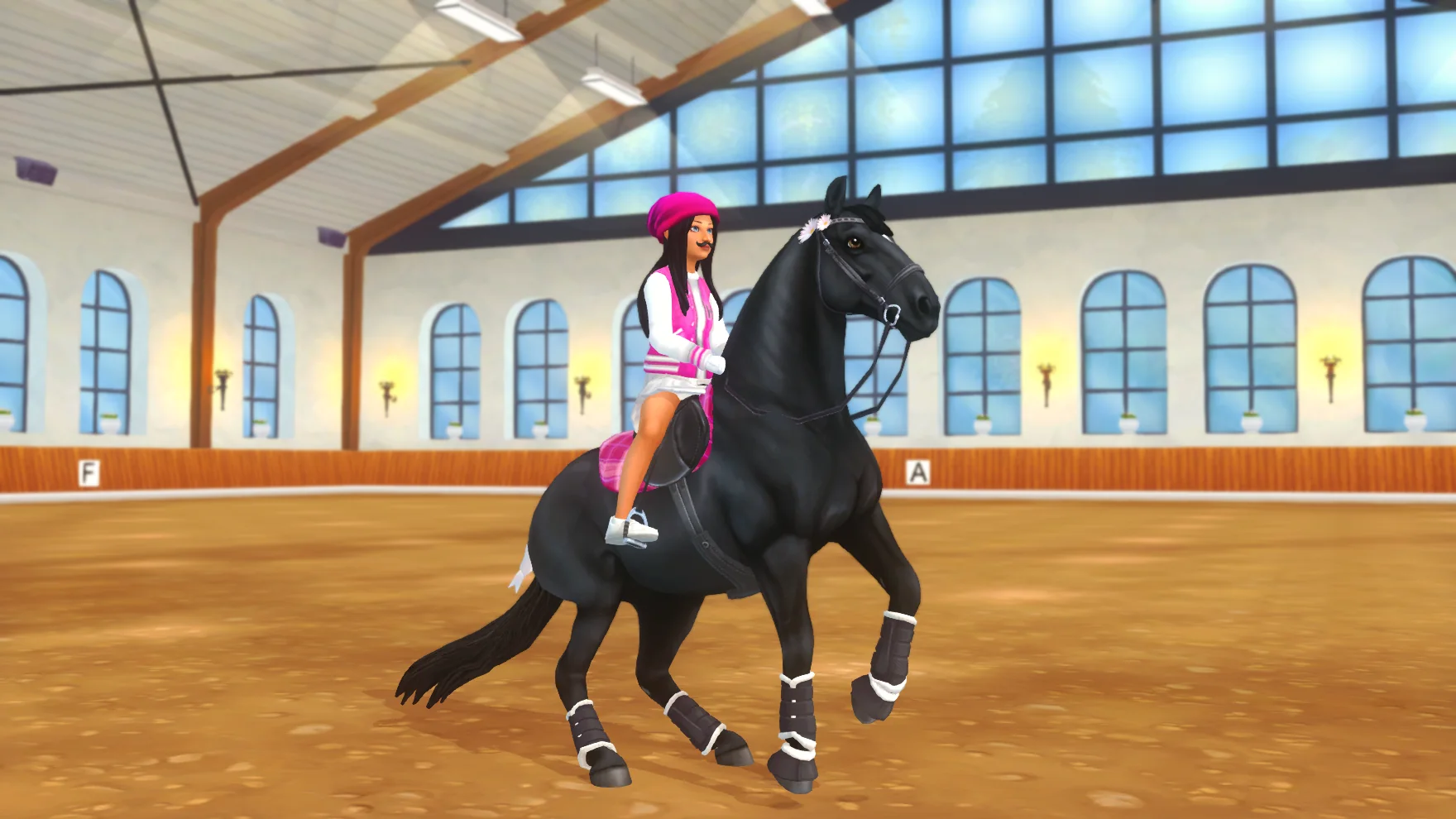 Pink Girls Squad rider cantering a black horse through the arena